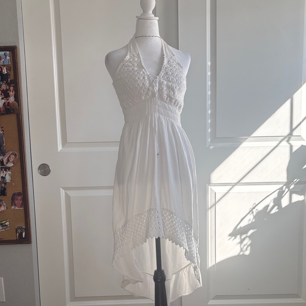White Crochet Halter High-Low Dress